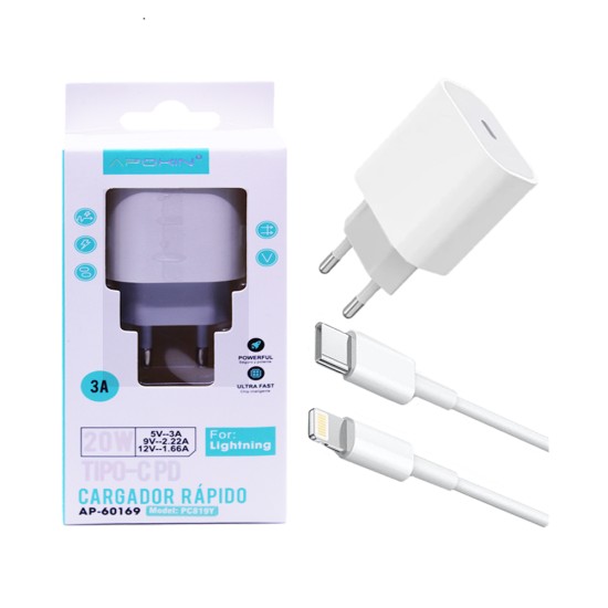 Carregador Apokin PC819Y 20W 3A com cabo Tipo-C para Lightning Branco